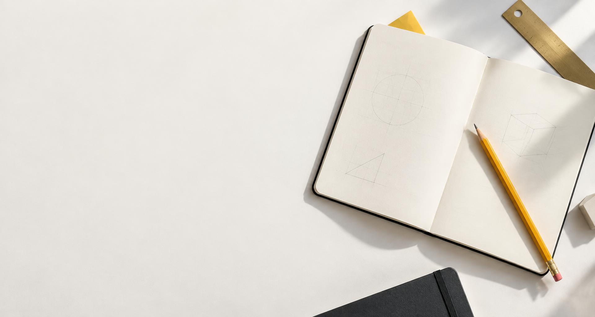 Caderno aberto e lápis em uma mesa de estudos